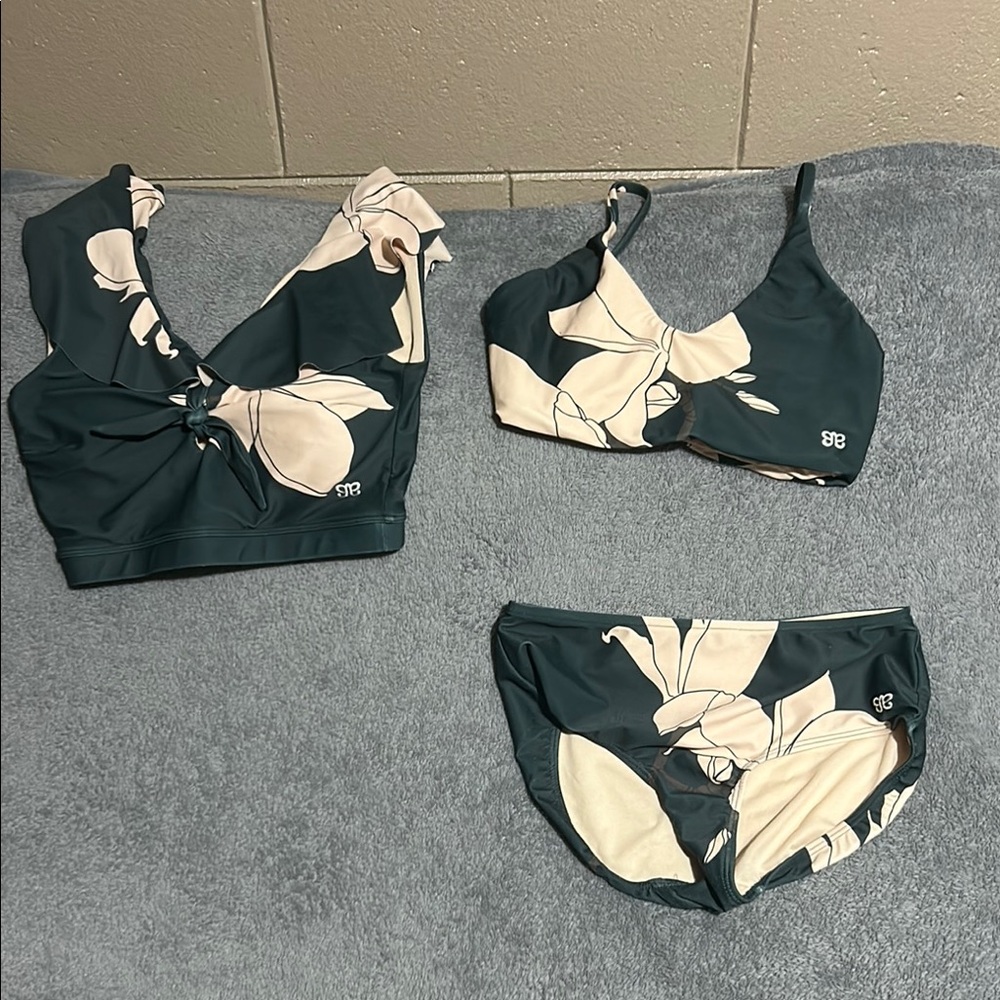 Albion Dark Teal and Cream Floral Bikini Set